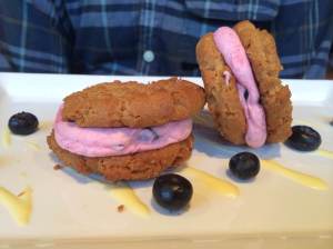 PB & J - peanut butter cookies, mixed berry cream filling, vanilla Anglaise 
