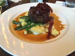 Filet Mignon - Yukon Gold mashed potatoes, sautéed green beans, sweet & sour onions, red wine reduction